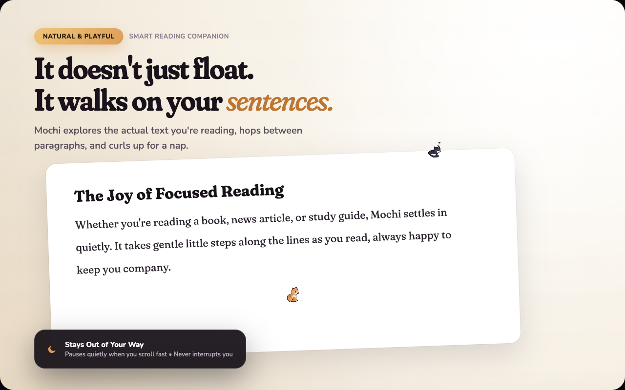 Mochi walking along the lines of text on an article page, with a heading and figure it can perch on.